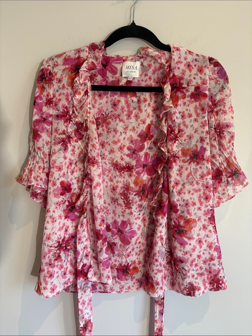 Misa Los Angeles Pink & Orange Floral Tie-Front Ruffle Blouse